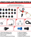 BILITOOLS 28-piece radiator coolant tester kit with color-coded caps, gauge, vacuum pump and adapters