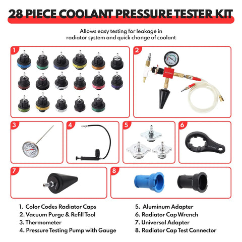BILITOOLS 28-piece radiator coolant tester kit with color-coded caps, gauge, vacuum pump and adapters