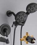 Matte Black Tub And Shower Faucet Combo With Dual Shower System, Tub Spout, Handheld Showerhead, Three Way Water Diverter, Valve