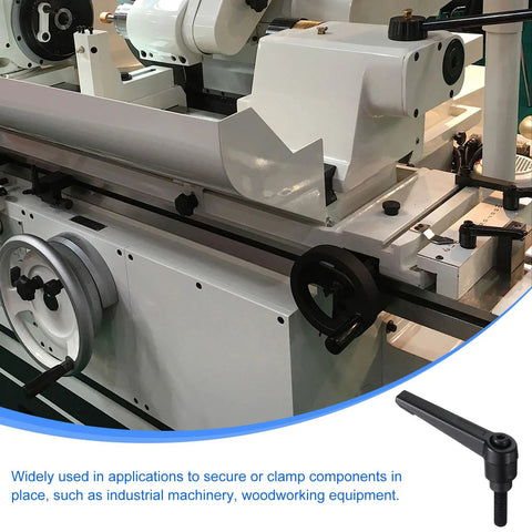 Clamping lever handle, black oxide, mounted on an industrial lathe for securing components.