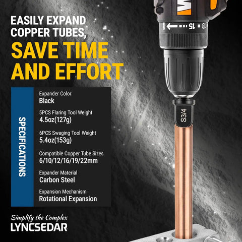 DIY Copper Pipe Swaging And Flaring Tool Set For Electric Drill with specifications and copper pipe demonstration
