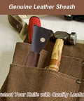 Rugged Reliable Hook Knife With Leather Sheath For Wood Carving shown in pocket with tools, showcasing premium leather protective cover.