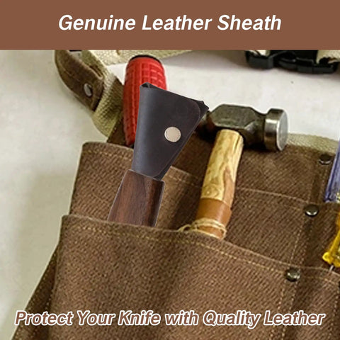 Rugged Reliable Hook Knife With Leather Sheath For Wood Carving shown in pocket with tools, showcasing premium leather protective cover.