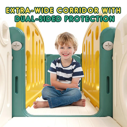 Child sitting in a green and yellow extra-wide corridor of 8 In 1 Toddler Climber And Slide Playset With Basketball Hoop For Indoor And Outdoor Fun Compact All In One Playground Center To Boost Kids Motor Skills And Confidence