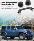 Front windshield hold-down bracket kit with black metal frame and mounting bolts for Jeep Wrangler TJ/JK (1997–2018).