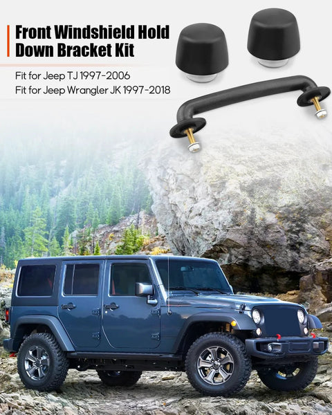 Front windshield hold-down bracket kit with black metal frame and mounting bolts for Jeep Wrangler TJ/JK (1997–2018).