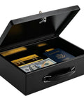 Open Fireproof Document Safe Box With Key Lock Water And Fire Resistant Storage Chest showing documents, jewelry, and cash