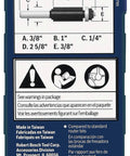 Back packaging of 3/8-Inch Shank Double Flute Laminate Flush Trim Router Bit With Micrograin Carbide Tips showing dimensions and warnings