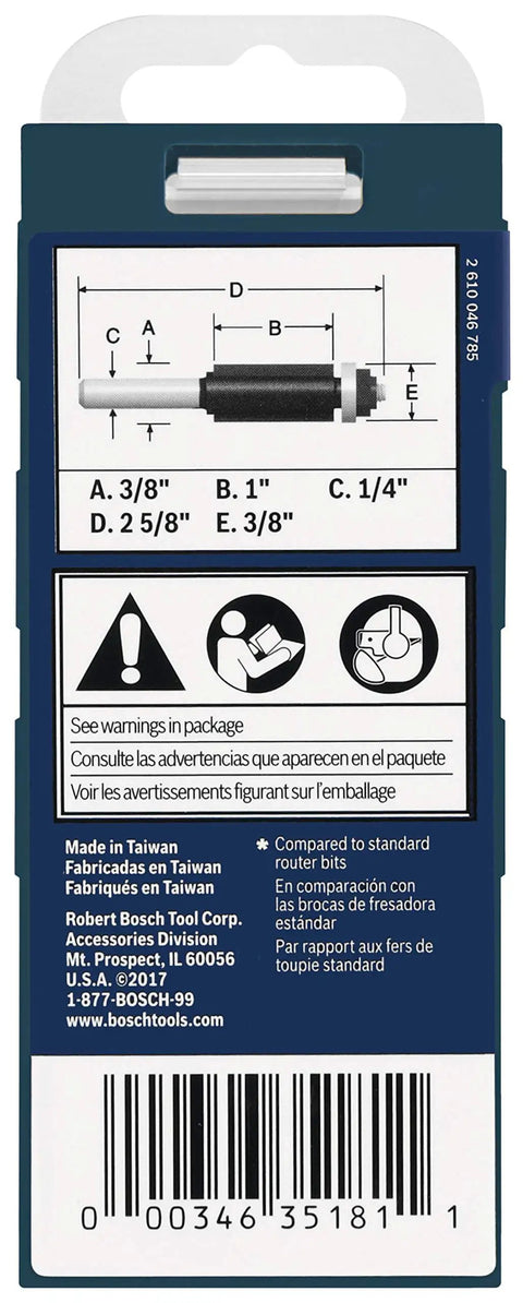 Back packaging of 3/8-Inch Shank Double Flute Laminate Flush Trim Router Bit With Micrograin Carbide Tips showing dimensions and warnings