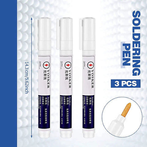 Image of Three Piece No Clean Soldering Pen Rosin Solder Pen For Electronics Tabbing Wiring Liquid Solder For PCB Board Maintenance And Welding Pro Grade Tools 5.6 Inch Length Grab And Go Soldering Kit, showing three 5.6 inch soldering pens with blue and white design and precise tip.