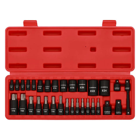 32 Piece Torx Bit Socket Set With Female External Sockets in red case, 14 Star Bits and 13 E-Torx shown, chrome-vanadium steel
