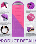 Ultralight Camping Sleeping Bag For Adults And Kids with right zipper, waterproof design, hollow fiber fill, purple-pink color.