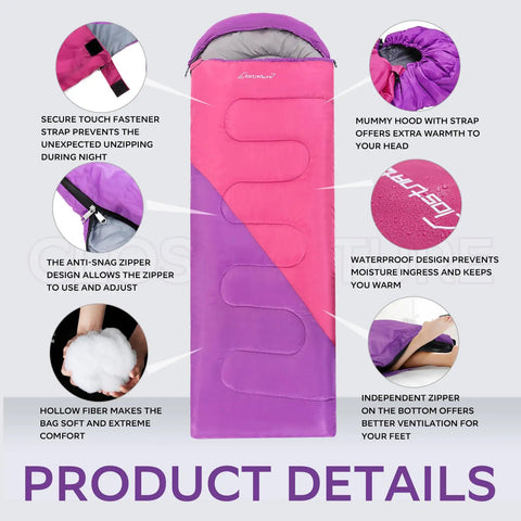 Ultralight Camping Sleeping Bag For Adults And Kids with right zipper, waterproof design, hollow fiber fill, purple-pink color.