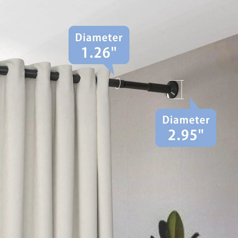 Tension Curtain Rod For Shower And Window Adjustable From 51 To 126 Inches No Drilling No Tools Required Easy Install Rust Resistant Black Rod 1.26 Inch Diameter Ideal For Bathroom Or Closet displayed beside white curtain with diameter annotations.