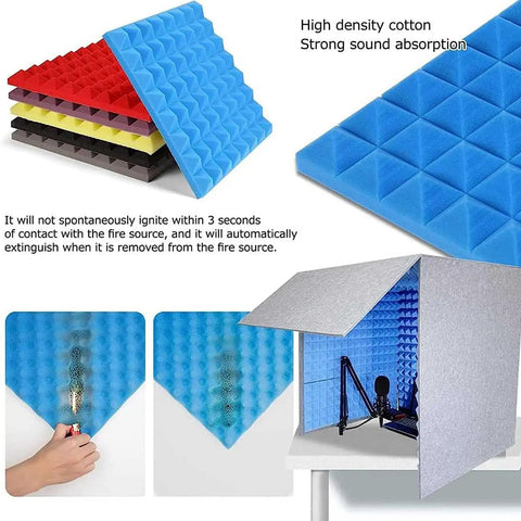 High density sound dampening foam panels in blue, red, black, and yellow for Sick Desk Side Vocal Booth For Clean Recordings And Podcasting Without The Room Bounce.