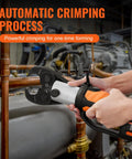 Heavy Duty 18V Electric Pipe Crimping Tool For Half To Two Inch Copper Lines With Fast Hydraulic Action And 32KN Output shown in use on copper pipes.