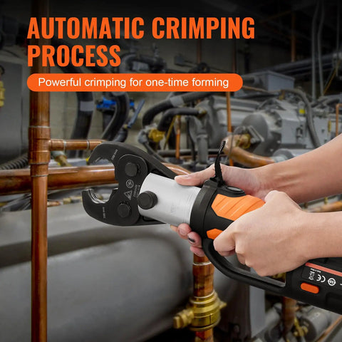Heavy Duty 18V Electric Pipe Crimping Tool For Half To Two Inch Copper Lines With Fast Hydraulic Action And 32KN Output shown in use on copper pipes.