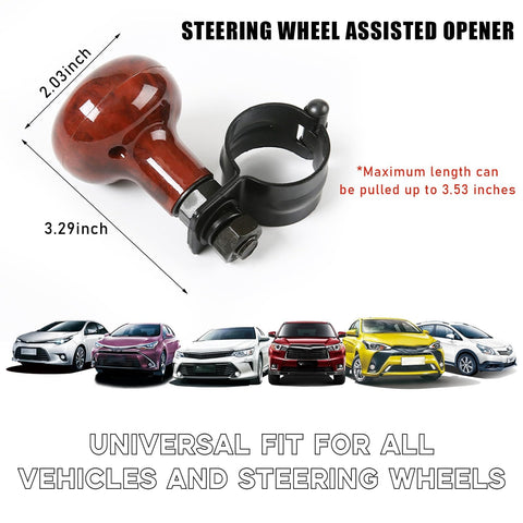 Woodgrain Steering Wheel Spinner Knob for Easy One Hand Driving with slick ball shape, shown with dimensions