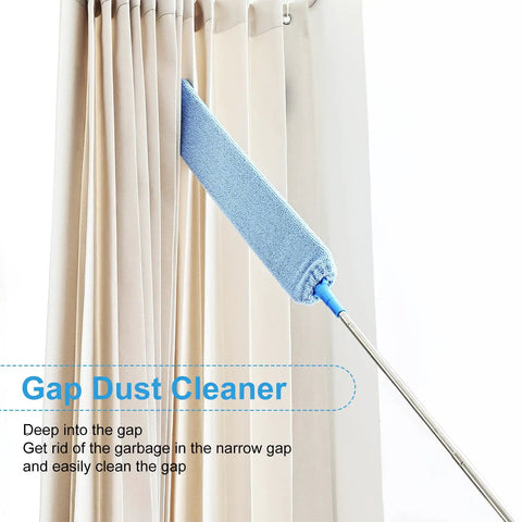 Retractable Gap Duster With Microfiber Dusting Cloths cleaning between curtain folds, washable and reusable, perfect for narrow spaces.