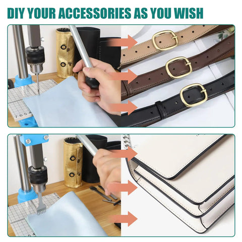 Leather Hole Puncher Hand Punching Machine Manual Press For DIY Leather Crafting, Punch Holes And Forming, showing belts and notebooks