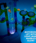 Glow In The Dark Marble Run Kit With 152 Pieces Featuring Motorized Spiral Lift Double Tracks Two Stunt Trampolines marbles glowing in dark