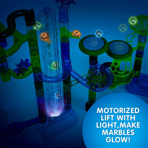 Glow In The Dark Marble Run Kit With 152 Pieces Featuring Motorized Spiral Lift Double Tracks Two Stunt Trampolines marbles glowing in dark