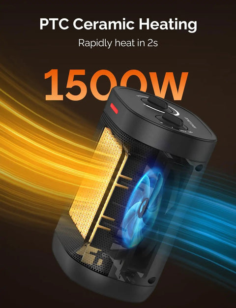 Image of Powerful 1500W Portable Ceramic Space Heater With Thermostat, showing PTC ceramic element and heating in 2 seconds.