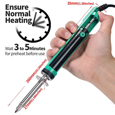 Hand holding Desoldering Soldering Iron Kit With Solder Sucker Pump Auto Temperature Regulation Shorter Handle 1.0mm Nozzle