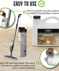 Natural Wood Cleaner Soap White 2.5L bottle and spray mop for oil-finished floors and surfaces, easy to use instructions shown
