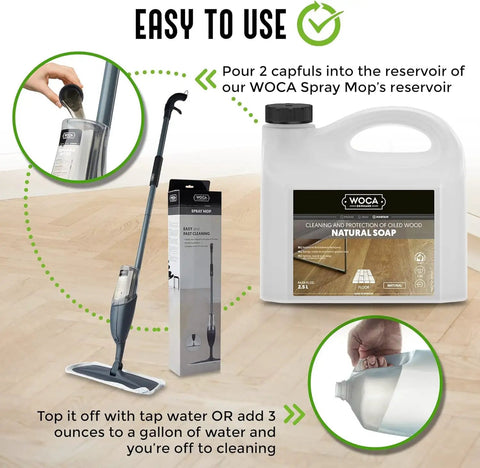 Natural Wood Cleaner Soap White 2.5L bottle and spray mop for oil-finished floors and surfaces, easy to use instructions shown