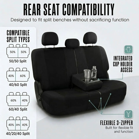 Full Set Cloth Car Seat Covers With Universal Fit For Front Seats And Split Rear Bench, Airbag Compatible And Easy Clean For SUV Sedan And Van, Black Everyday showing rear seat compatibility with split types and cup holder access