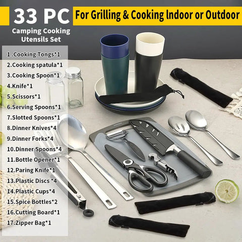 Ultimate Must Have Camping Utensil Set For Outdoors RV Campers Includes Tongs Spatula Knife Scissors Spoons Bottle Opener Cutlery