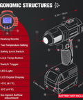 Diagram of Cordless Heat Gun For Milwaukee 18V Battery Tool Only A Workhorse 350W Hot Air Gun With LCD Display features and measurements.