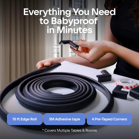Thick Cushy Foam Corner Protectors And 15 Feet Of Table Edge Bumpers For Tables And Furniture, setup demonstration with components.