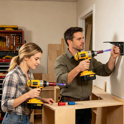 Man and woman using Versatile Carbon Steel Drill And Angle Grinder Converter Quick Release Attachment on a shelf bracket