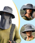 Unisex Sun Hat With 360 Degree UV Protection, wide brim, dark grey, detachable face cover, neck flap, adjustable chin strap worn outdoors