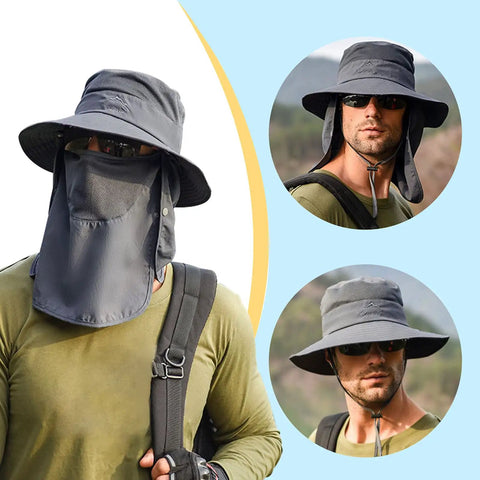 Unisex Sun Hat With 360 Degree UV Protection, wide brim, dark grey, detachable face cover, neck flap, adjustable chin strap worn outdoors