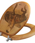 Round Toilet Seat In Oak Veneer With Western Image Sun Fishin Son Of A Gun Print showing rustic cowboy design, ships fully assembled.