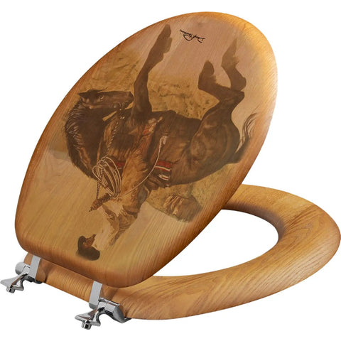 Round Toilet Seat In Oak Veneer With Western Image Sun Fishin Son Of A Gun Print showing rustic cowboy design, ships fully assembled.