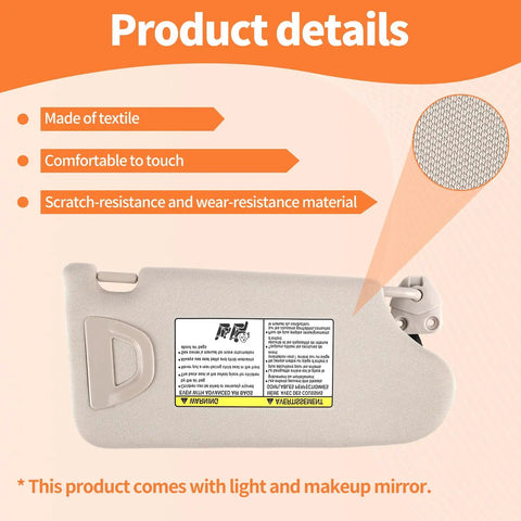 Close-up of Beige Sun Visor Set for Altima 2013 to 2018 Driver Side with textile detail, includes clip and mirror.