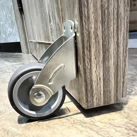 Heavy Duty Adjustable Door Bottom Support Wheel Stops Cabinet Sagging with steel and rubber roller, showing smooth glide under cabinet.
