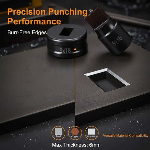 8-Piece Rectangle Hydraulic Hole Punch Die Set For CH-70 Punch Tool showing chrome steel dies and punched hole in metal plate.