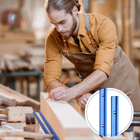 Woodworker using Six Piece T Track Kit For Woodworking With Screws 48 Inch Aluminum Universal T Rail Track, blue tracks visible