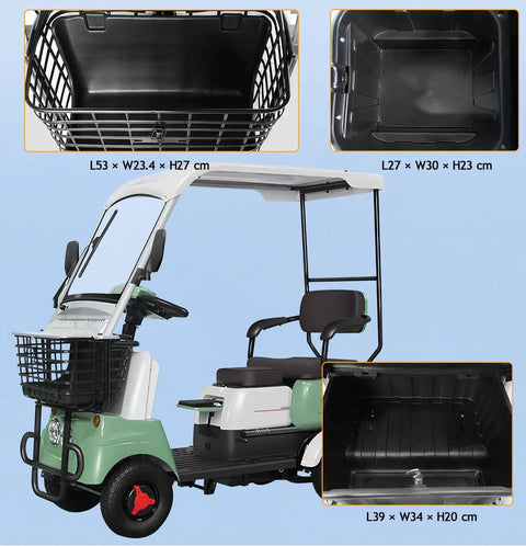 Big Boy Two Seater Electric Golf Cart With Knobby Off Road Tires And Rock Solid 60V Lithium Power Plant Throttling Out At 800W side view with storage baskets.