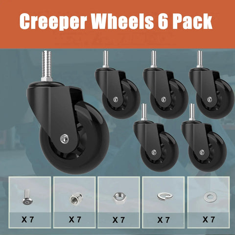 Top Shelf Heavy Duty 6 Pack 2.5 Inch Replacement Caster Wheels For Mechanic Creepers Rollers And Shop Stools, black, swivel design.