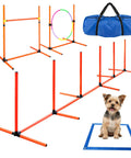 Dog Agility Training Set For Backyard And Indoor Use 4 Piece Obstacle Course with jump ring, hurdle, weave poles, pause box.