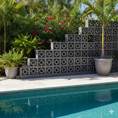Breeze Brick Molds For Concrete, Double Square Design used in garden decor, forming a decorative wall by the poolside.