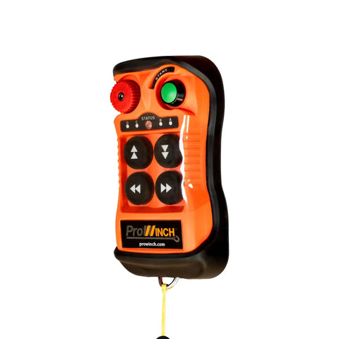 Heavy Duty Workhorse 2 Ton Electric Chain Hoist With Wireless Remote showing control buttons for dual voltage lifting.