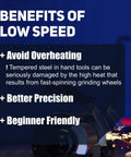 Low Speed Six Inch Bench Grinder With One Third Horsepower Motor and Wobble Free Wheel For Precise Grinding, benefits text