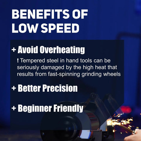 Low Speed Six Inch Bench Grinder With One Third Horsepower Motor and Wobble Free Wheel For Precise Grinding, benefits text